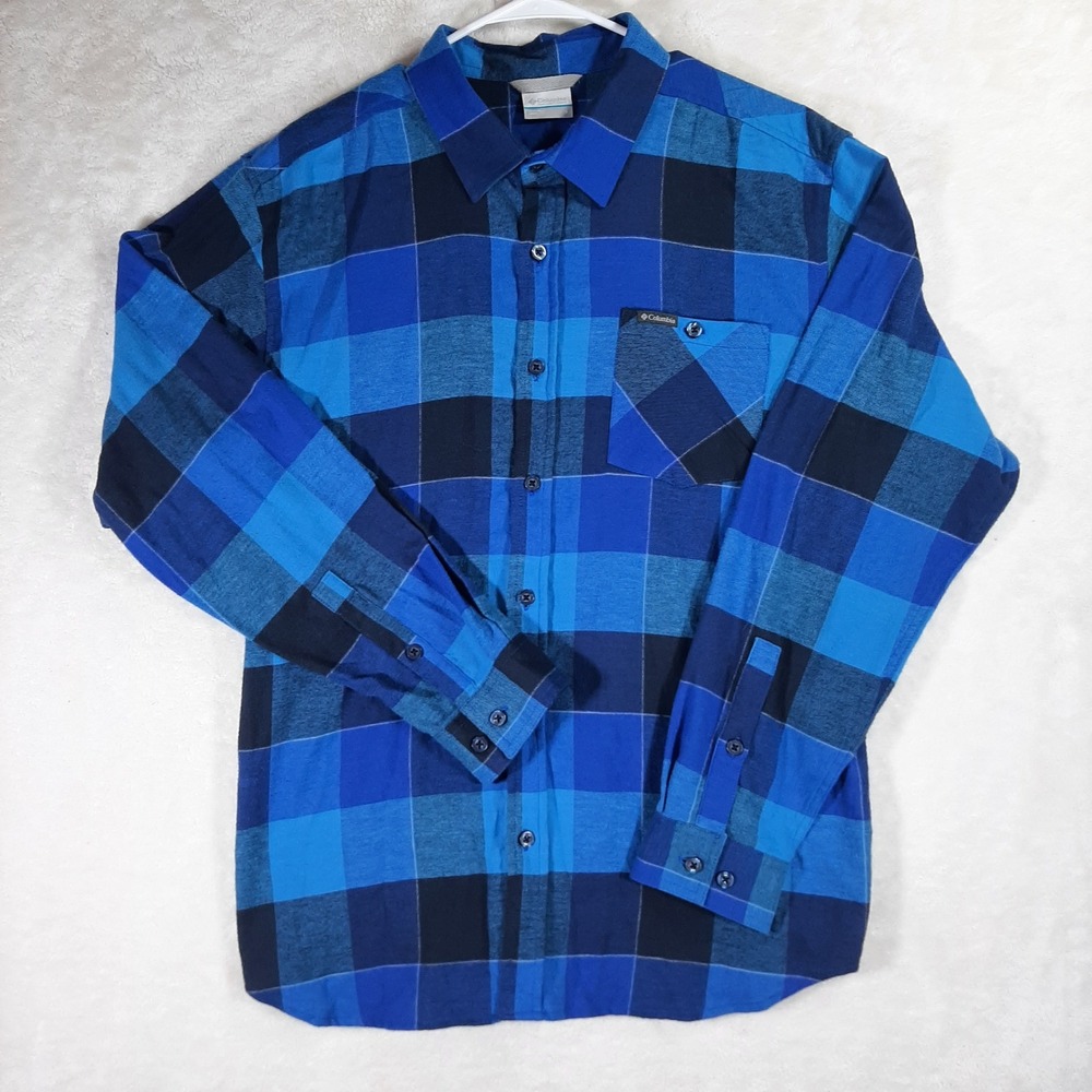 Columbia Mens Blue Black‎ Buffalo Plaid Long Sleeve Button Down Shirt Large